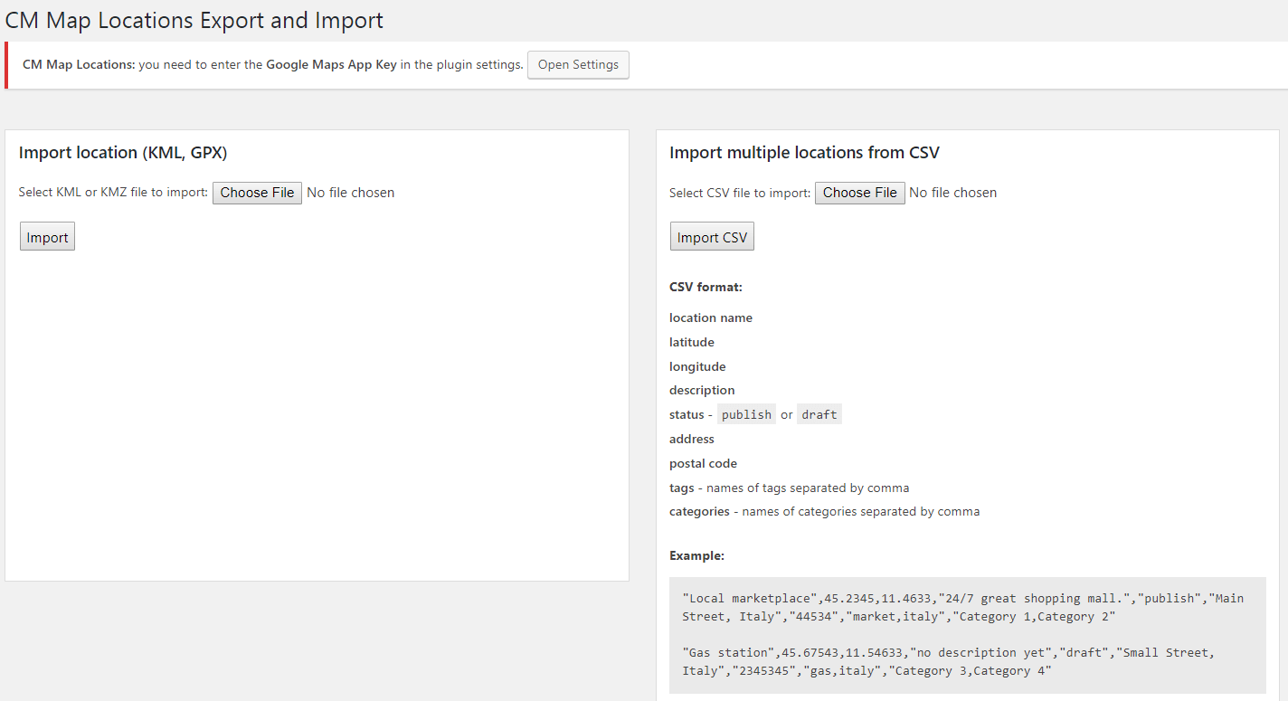 Locations Import Screen